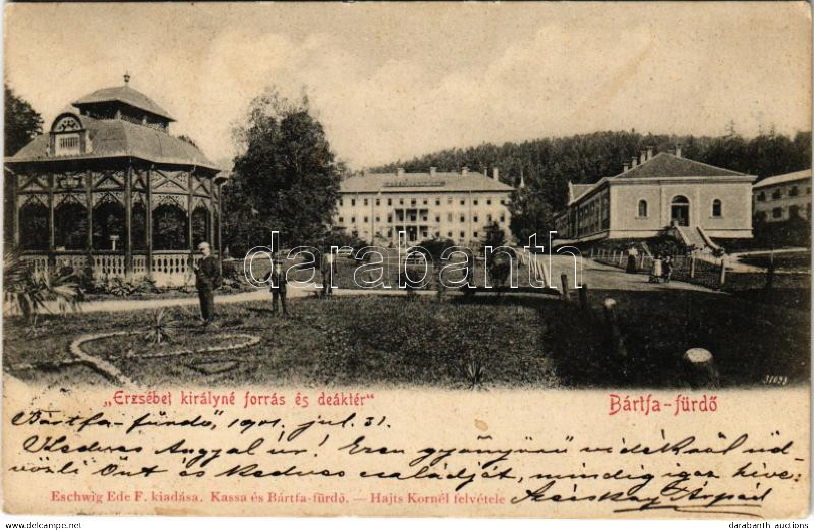 T3 1901 Bártfafürdő, Bardejovské Kúpele, Bardiov, Bardejov; Erzsébet Királyné Forrás, Deák Tér és Szálloda. Eschwig Ede  - Non Classés