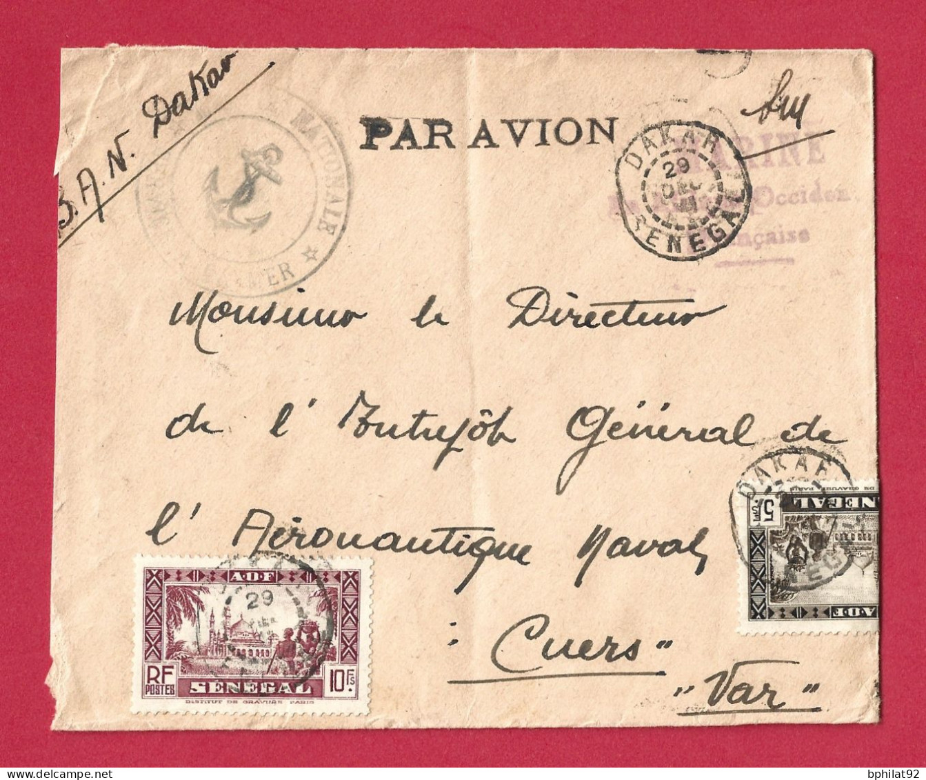 !!! AOF, LETTRE FM PAR AVION DE LA BASE AÉRONAVALE DE DAKAR, SÉNÉGAL POUR LA FRANCE DE 1941 - Cartas & Documentos