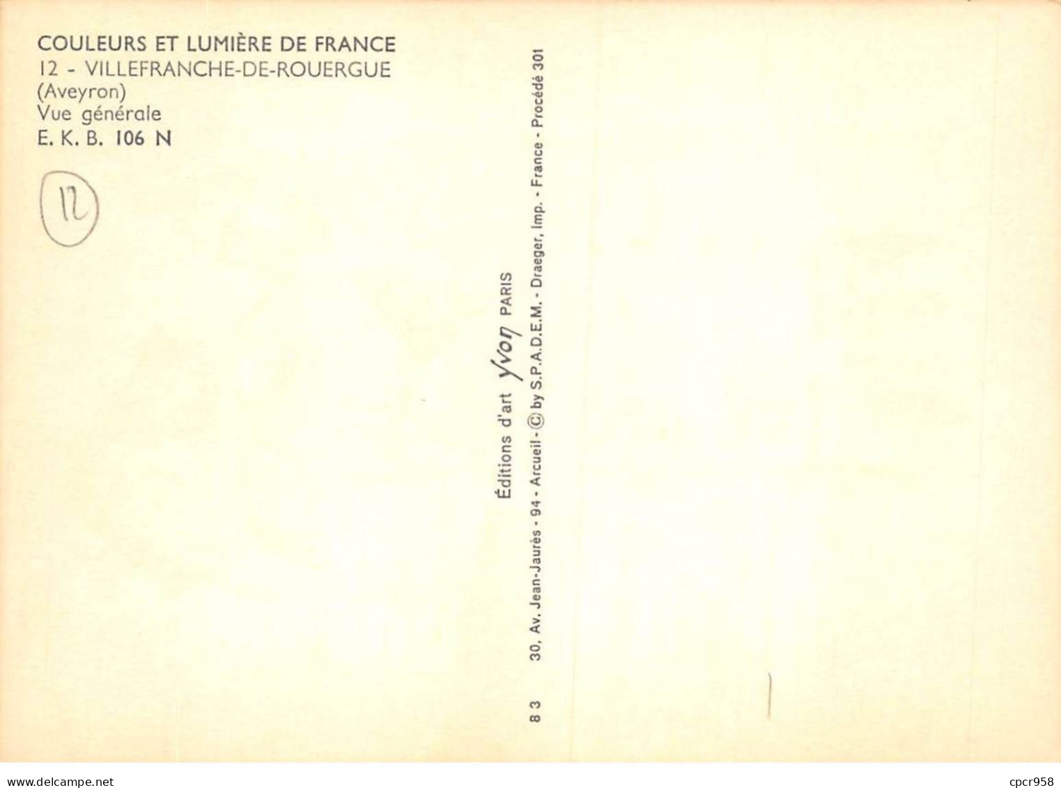 12 . N° Kri11345 .villefranche De Rouergue  .vue Generale  .n°  E.k.b 106 N  . Edition Yvon  . Cpsm 10X15 Cm . - Villefranche De Rouergue
