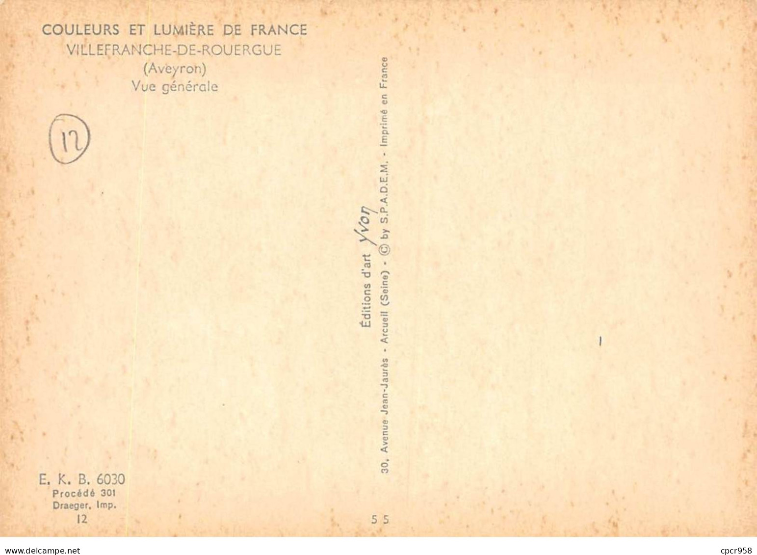 12 . N° Kri11344 .villefranche De Rouergue  .vue Generale  .n°  E.k.b 6030 . Edition Yvon  . Cpsm 10X15 Cm . - Villefranche De Rouergue