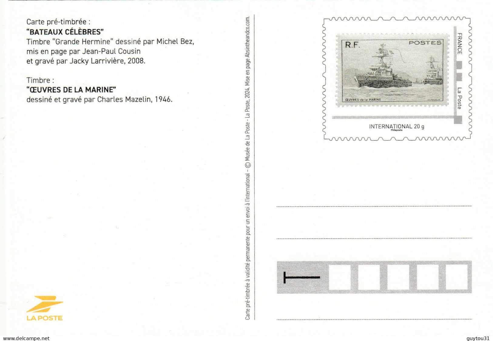 Frane 2024 : Carte Pré-timbrée Oeuvres De La Marine. Timbre Grande Hermine - PAP : Altri (1995-...)