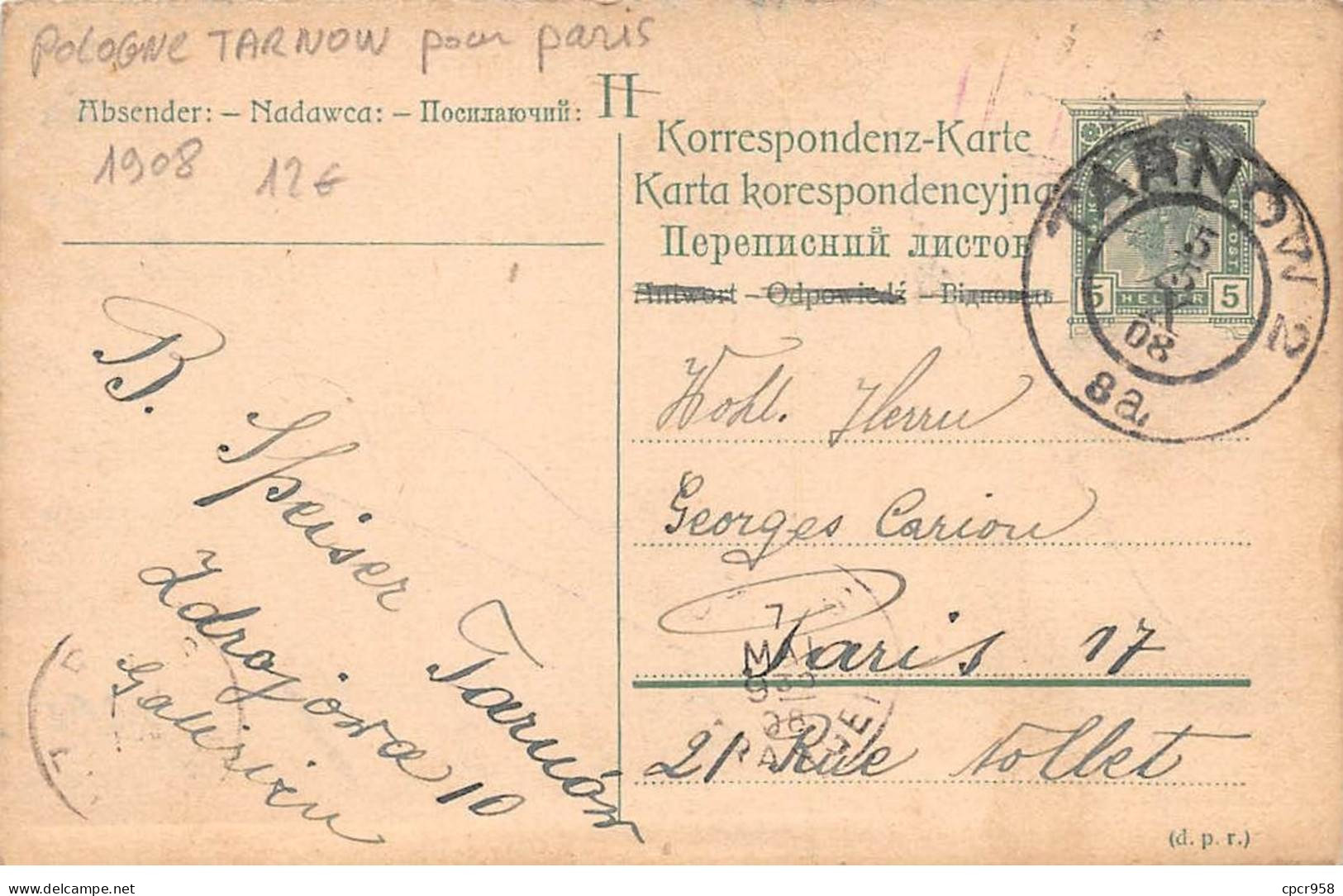 POLOGNE - SAN45707 - Tarnow Pour Paris - 1908 - Polen