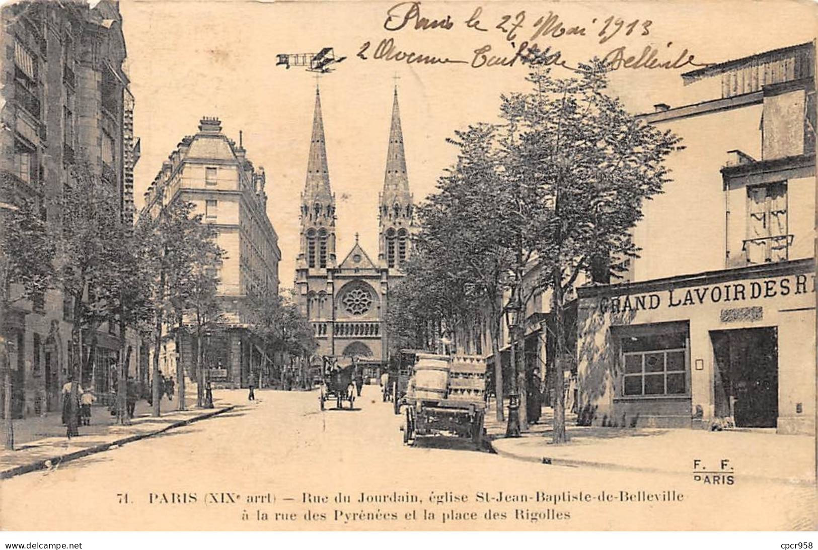 75019-SAN59882-PARIS.Rue Du Jourdain, église St-Jean-Baptiste-de-Belleville à La Rue Des Pyrénées.Place Des Rigolles - Arrondissement: 19