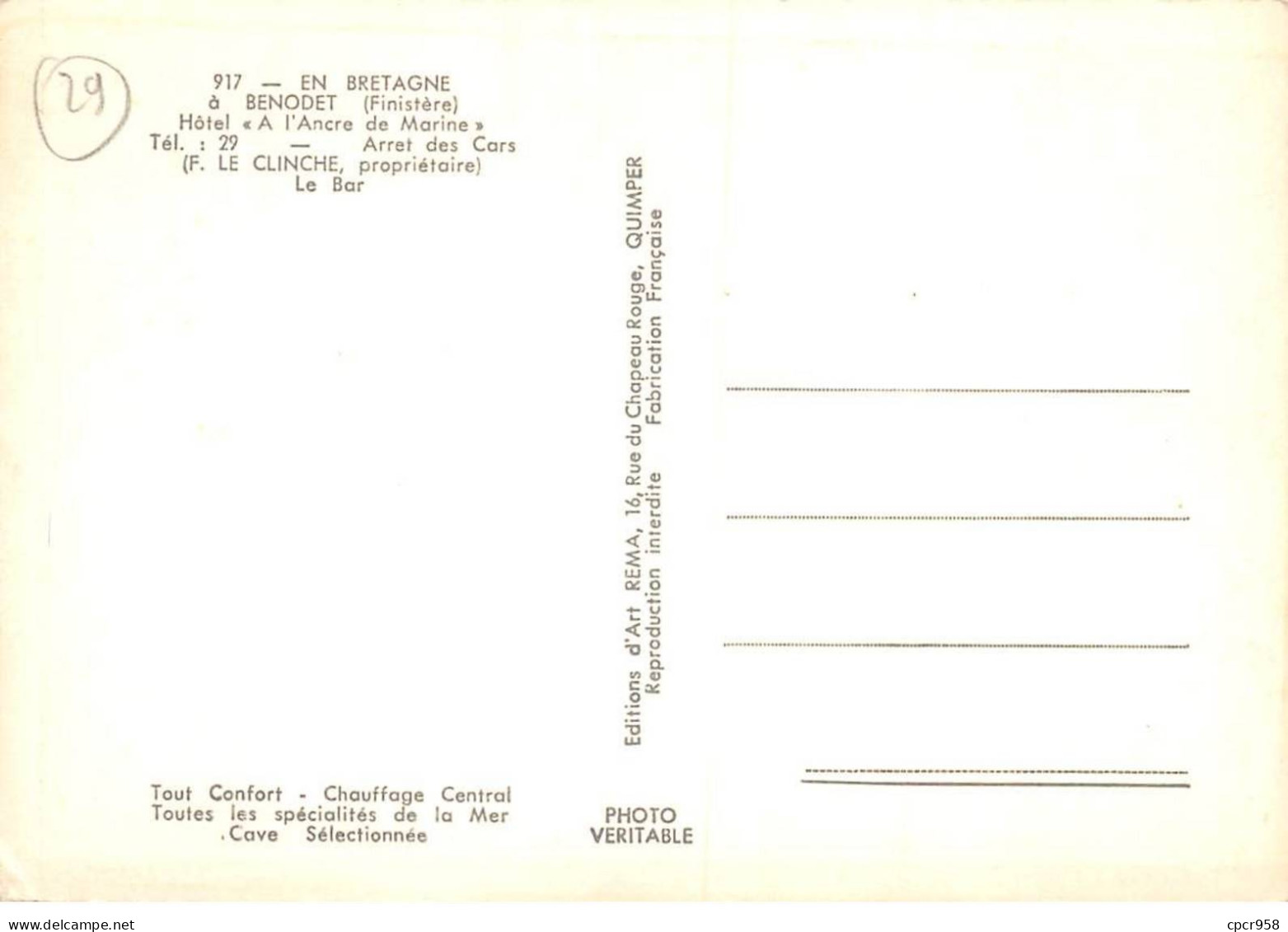 29 . N° Kri11414  . Benodet . Le Bar   . N°917 .  Edition D'art Rema  . Cpsm 10X15 Cm . - Bénodet