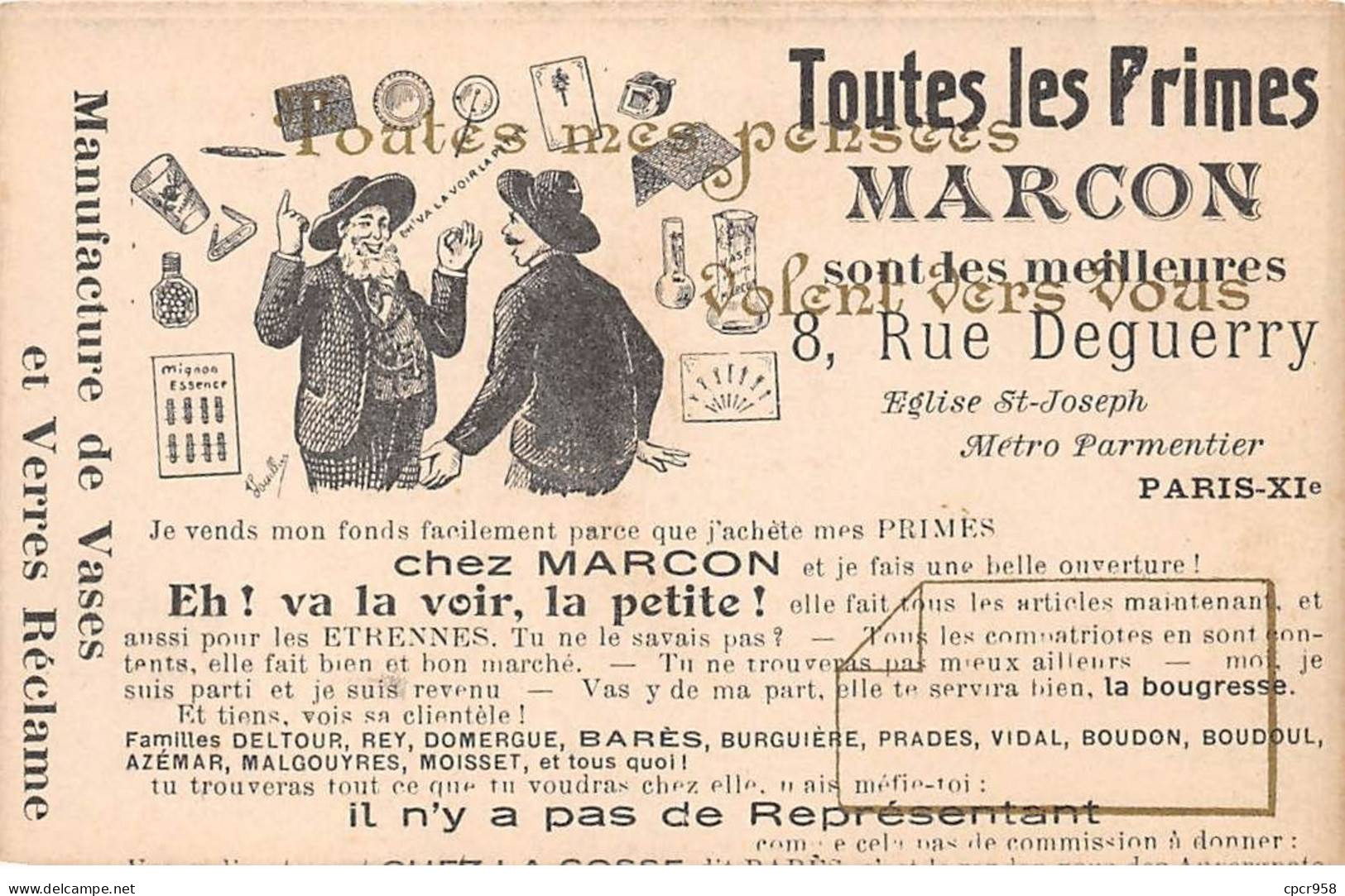 Publicité - N°85207 - Paris 75011 -Toutes Les Primes Marcon Sont Les Meilleures - Manufacture De Vases Et Verres Réclame - Publicité