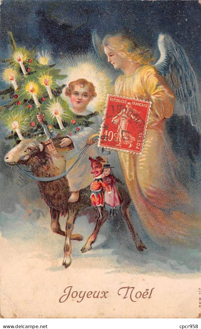 Anges - N°85332 - Joyeux Noël - Ange Gardien Marchant ...  Dos D'un Mouton, Tenant Des Poupées - Carte Gaufrée - Angeles