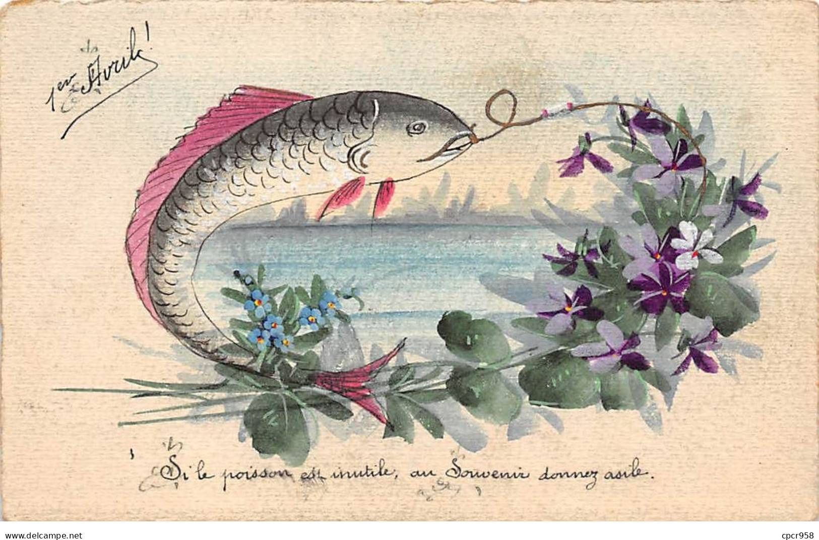 1er Avril - N°85365 - Si Le Poisson Est Inutile, Au Souvenir Donnez Asile - Poisson Et Violettes - 1er Avril - Poisson D'avril