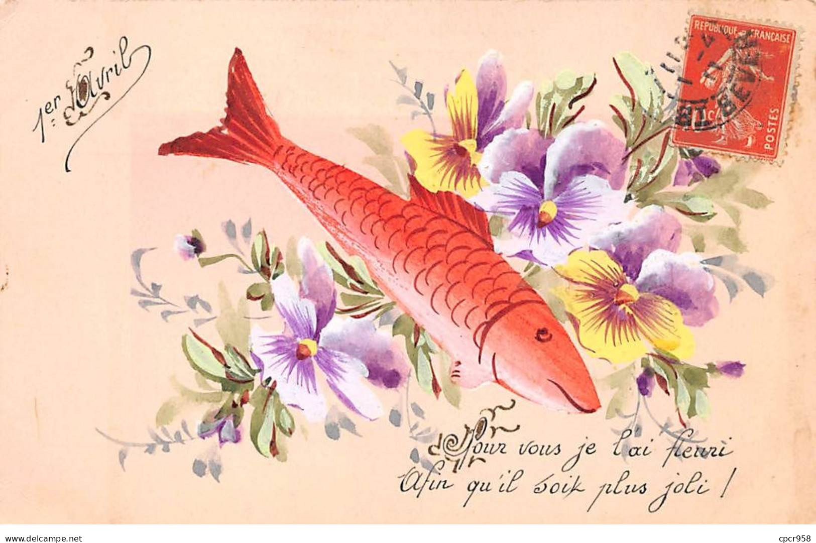 1er Avril - N°85364 - Pour Vous Je L'ai Fleuri ... - Poisson Au Milieu De Pensées - Carte Peinte à La Main - April Fool's Day