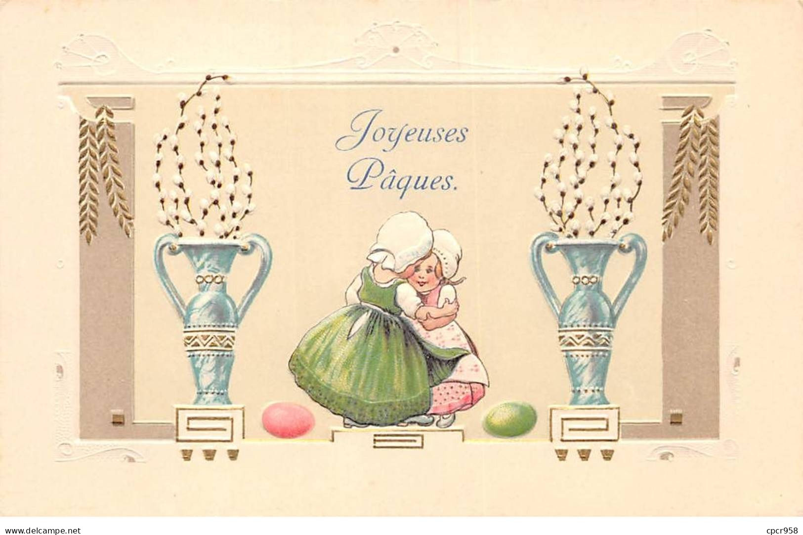 Pâques - N°85312 - Joyeuses Pâques - Deux Fillettes Entourée De Deux Vases - Carte Gaufrée - Ostern