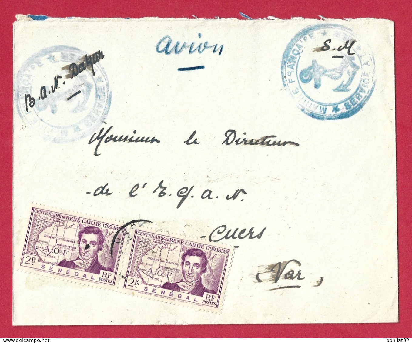 !!! AOF, LETTRE FM PAR AVION DE LA BASE AÉRONAVALE DE DAKAR, SÉNÉGAL POUR LA FRANCE - Lettres & Documents