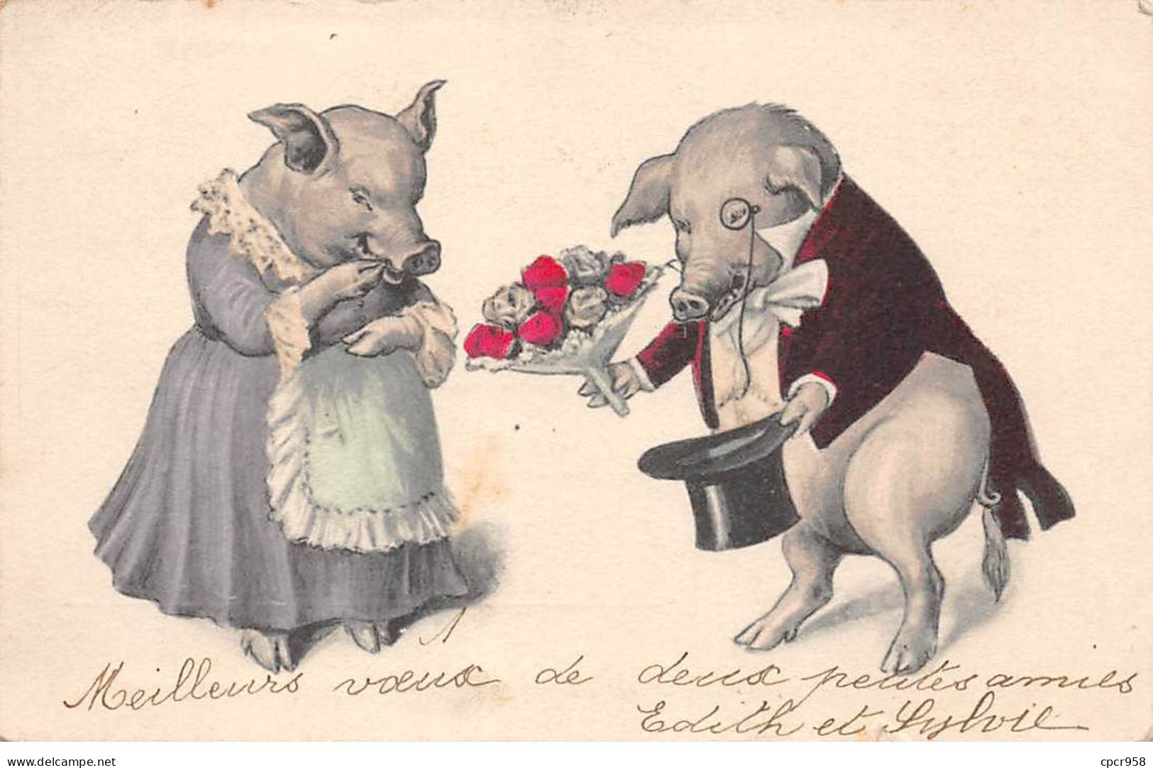 Animaux - N°85546 - Cochons - Couple De Cochons, L'un Offrant Des Roses à Une Autre - Cochons Habillés - Cochons