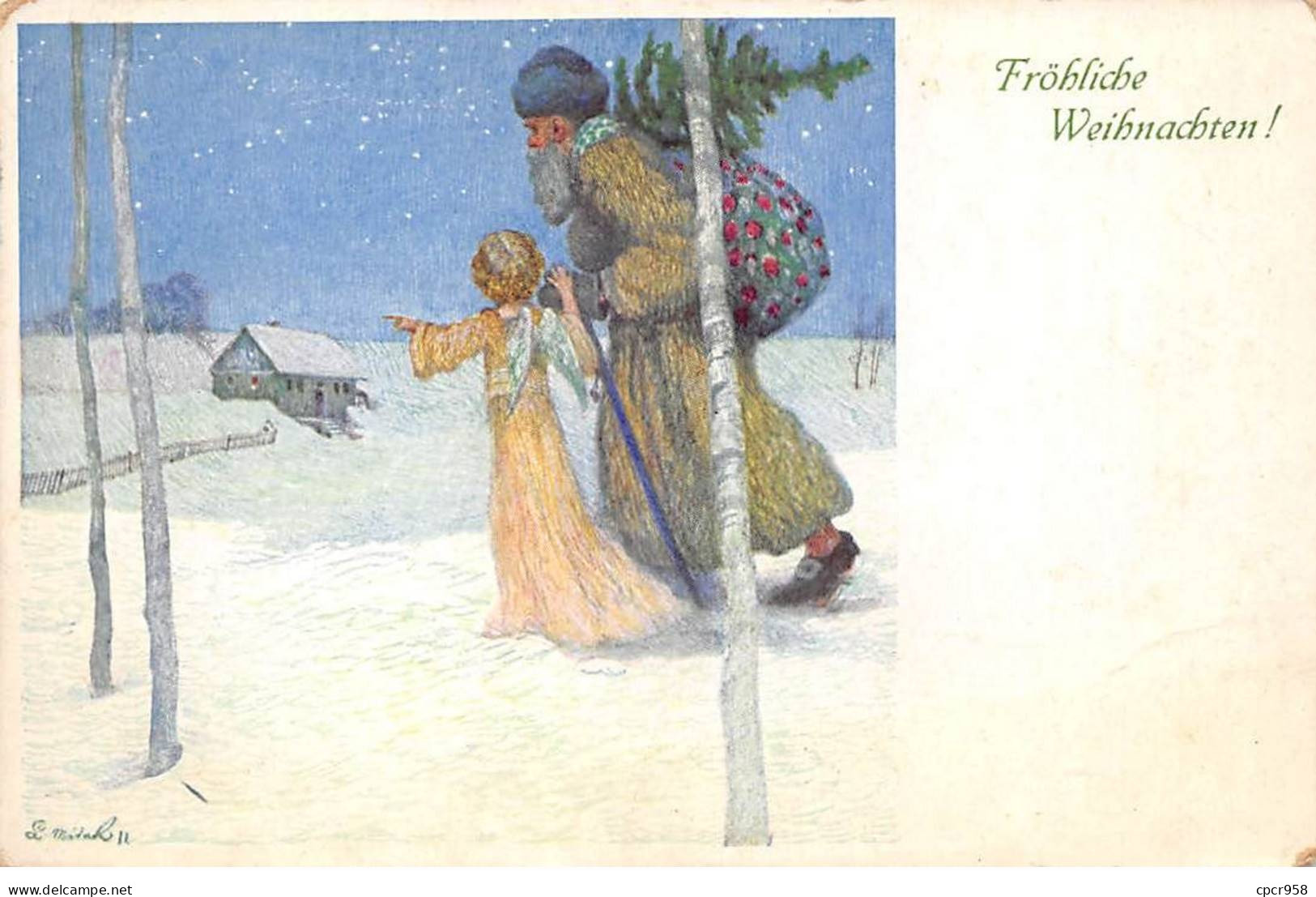 Noël - N°85446 - M.M. Vienne N°795 - Fröhliche Weihnachten - Ange Marchant Près D'un Père Noël Dans La Neige - Autres & Non Classés