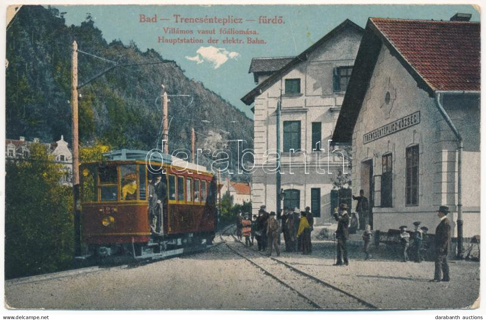 T2/T3 1918 Trencsénteplic-fürdő, Kúpele Trencianske Teplice; Villamos Vasút Fő állomása, Villamos, Wertheim Zsigmond Kia - Unclassified