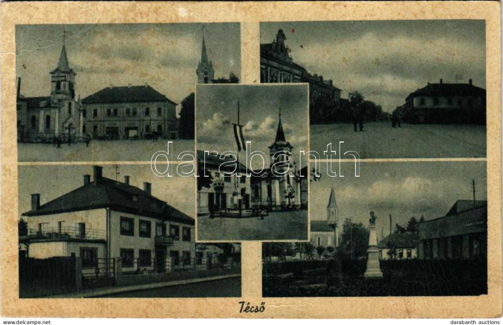 * T3 1944 Técső, Tiacevo, Tiachiv, Tyachiv; Fő Tér, Templomok, Országzászló / Main Square, Churches, Hungarian Flag (rag - Non Classés