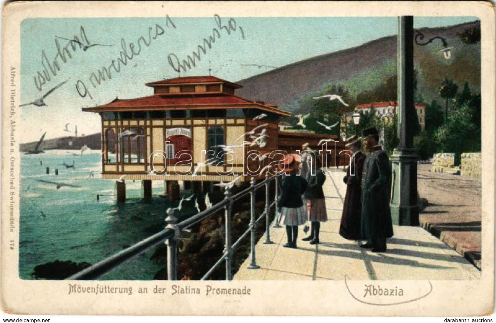 * T3 1908 Abbazia, Opatija; Mövenfütterung An Der Slatina Promenade / Sirály Etetés A Sétányon, Hunyadi János Keserűvíz  - Ohne Zuordnung