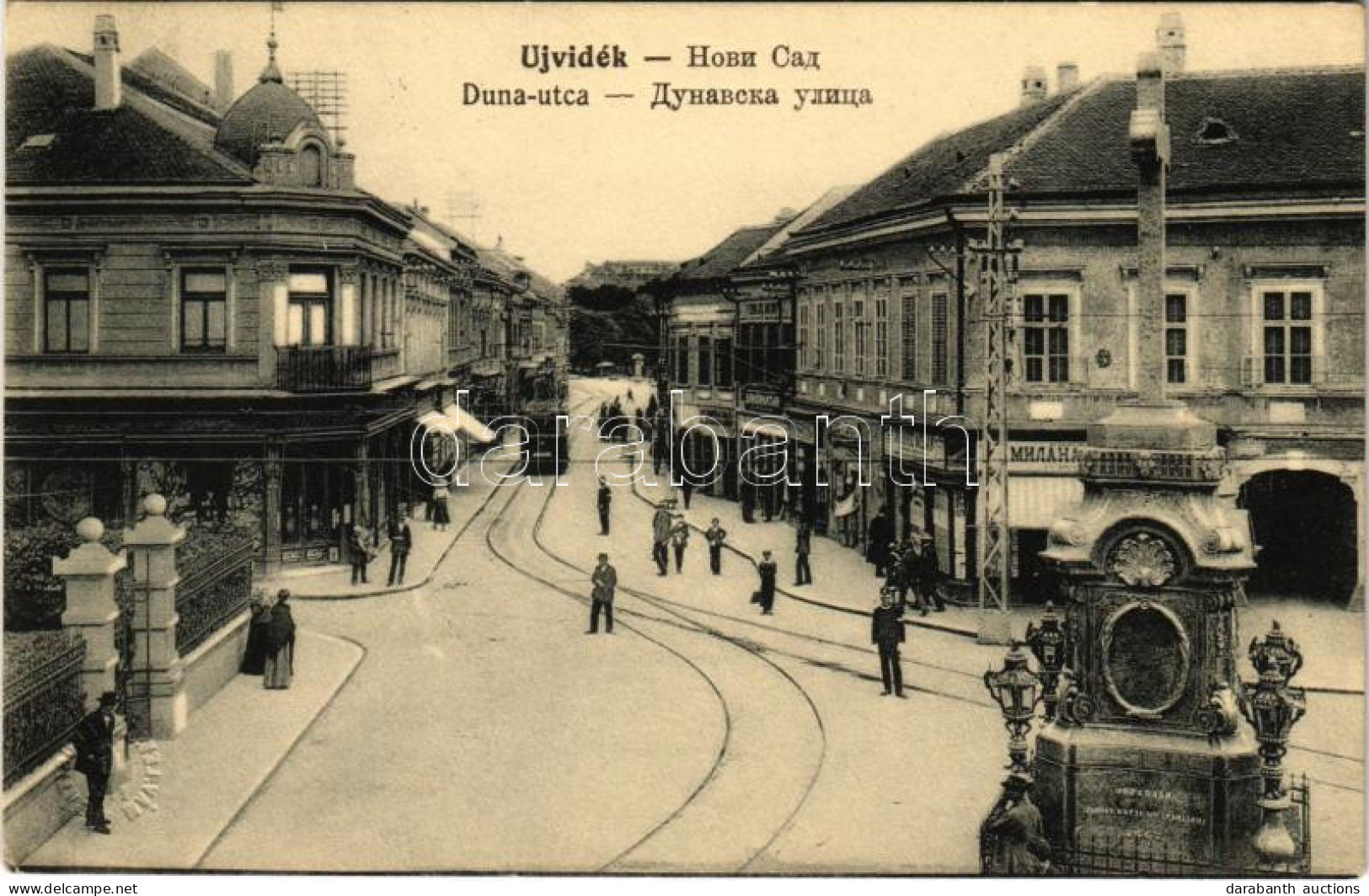 T2 1914 Újvidék, Novi Sad; Duna Utca, Ivkovic Milan üzlete, Sírkőraktár, Villamos / Street, Shops, Tram - Zonder Classificatie