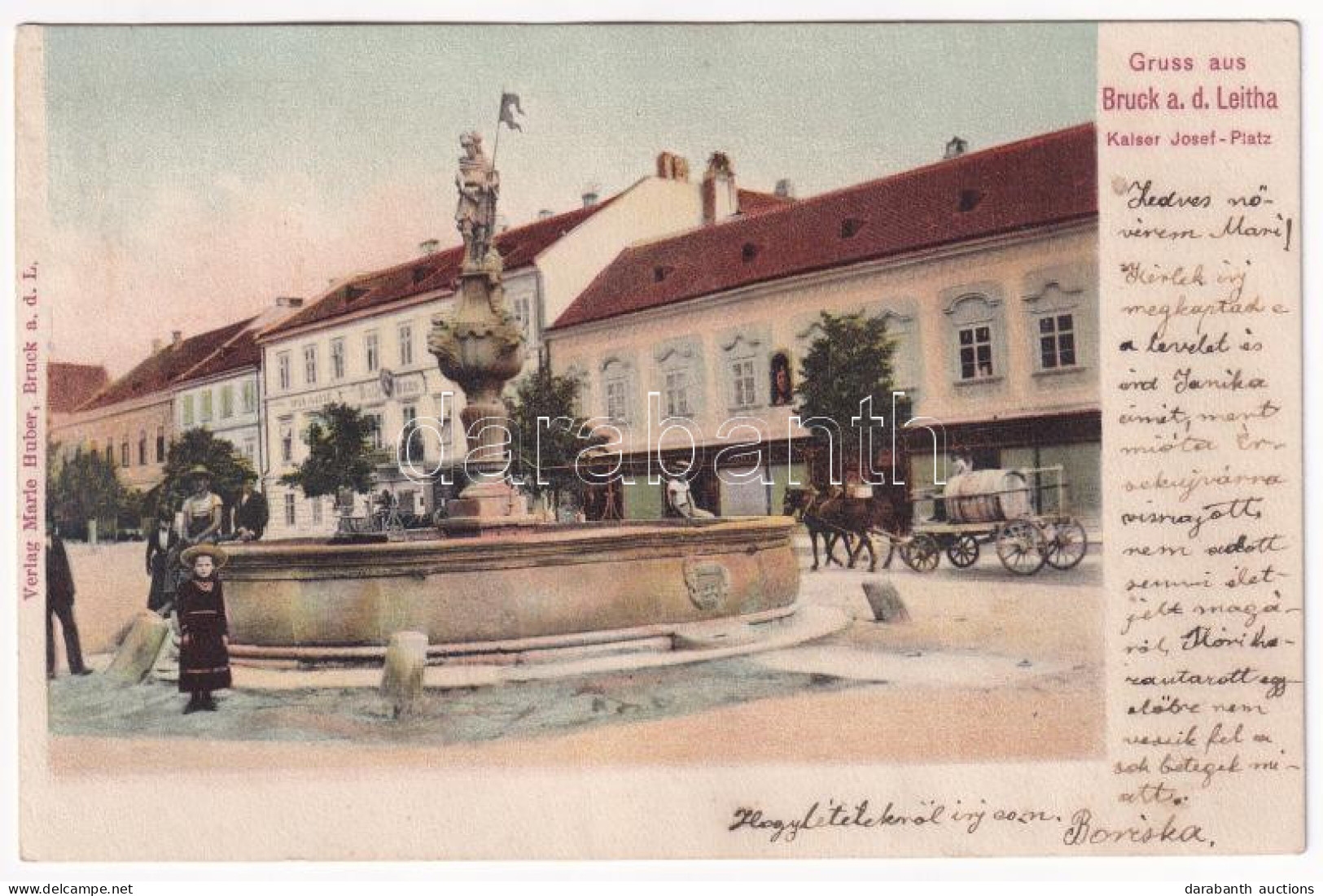 T2/T3 1905 Lajtabruck, Bruck An Der Leitha; Kaiser Josef-Platz / József Császár Tér, Szökőkút, Takarékpénztár, Városháza - Ohne Zuordnung