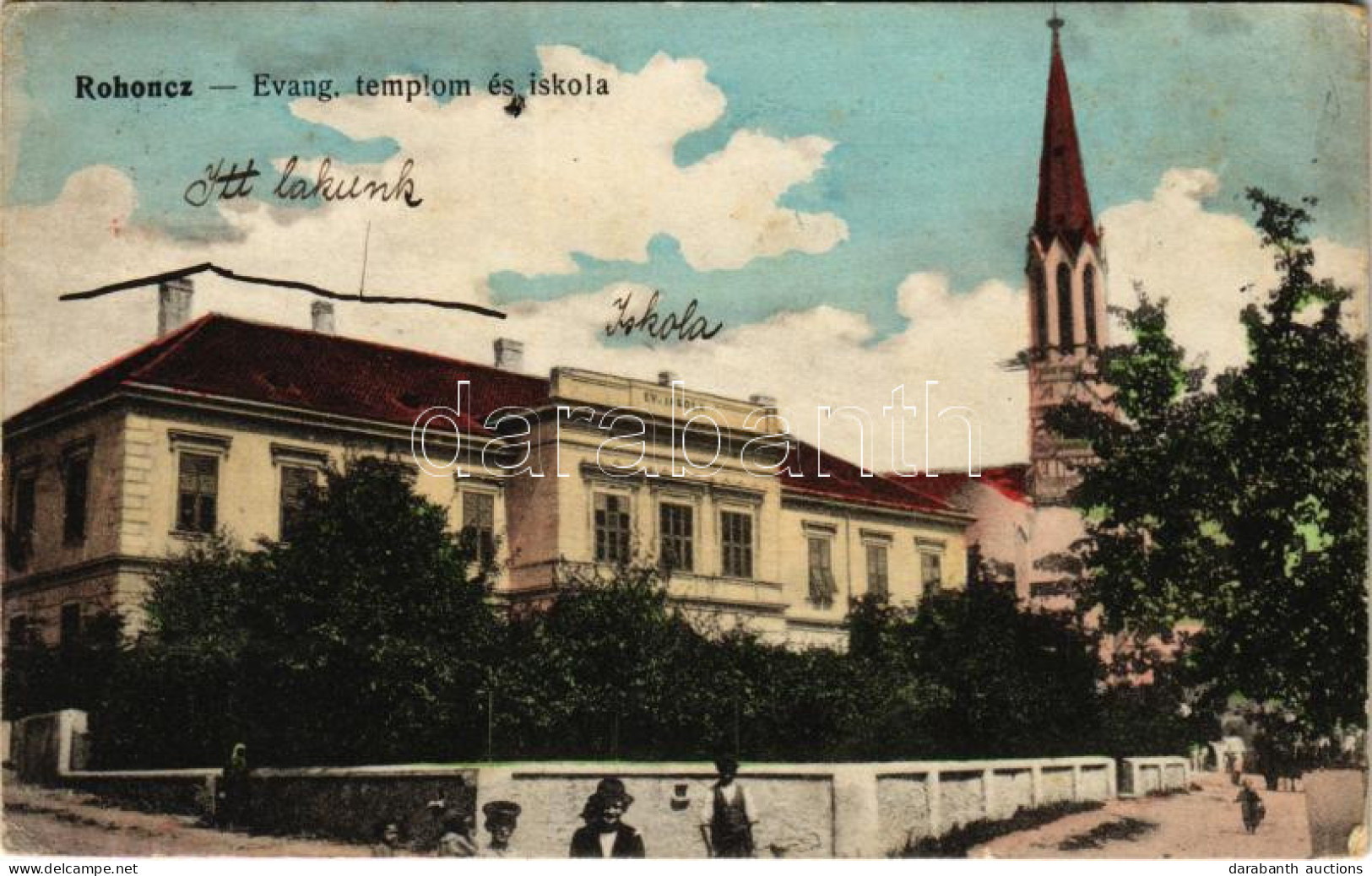 T2/T3 1918 Rohonc, Rechnitz; Evangélikus Templom és Iskola. Stelczer Adolf Kiadása / Lutheran Church And School (EK) - Unclassified