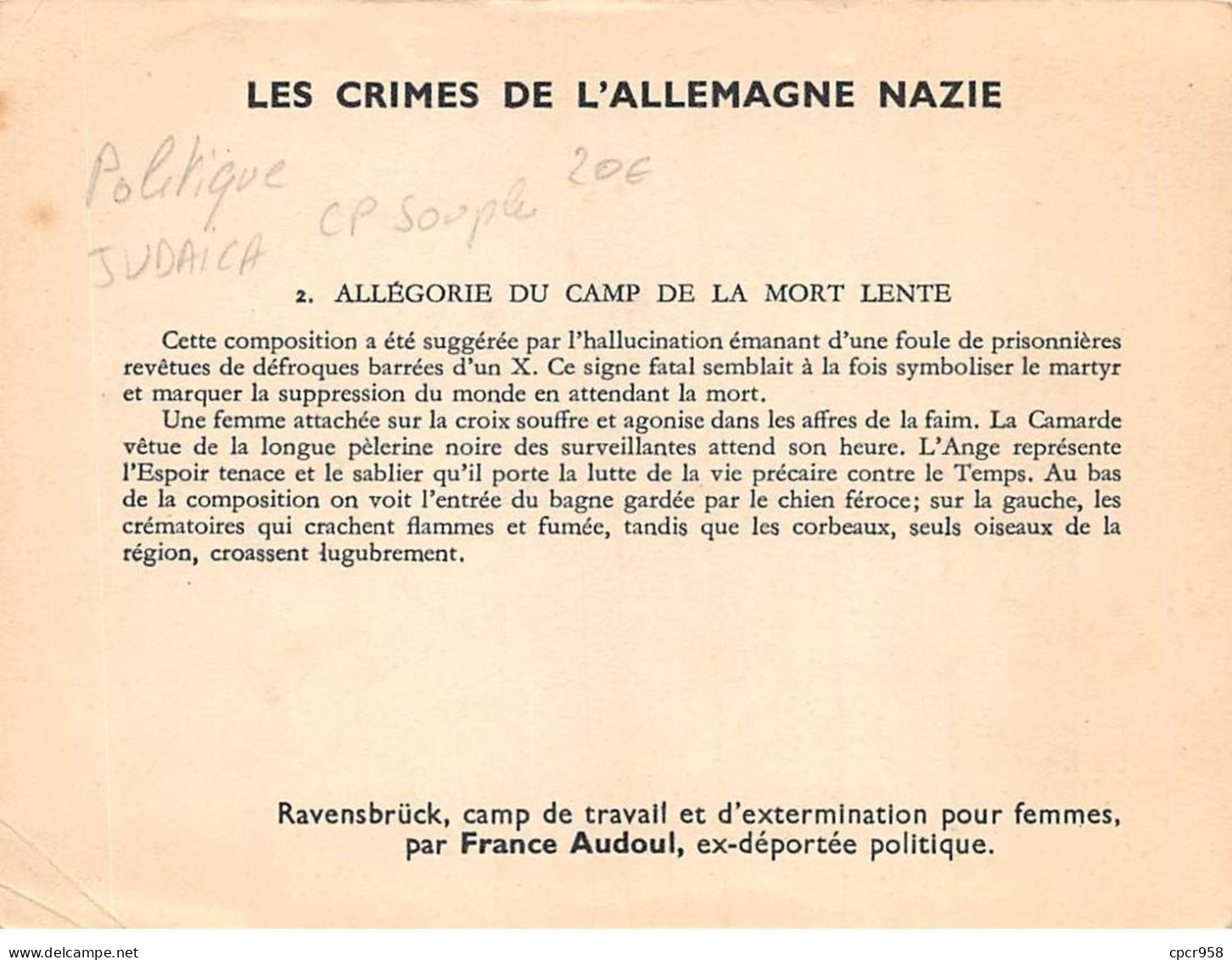 Politique - N°85715 - Les Crimes De L'Allemagne Nazie - 2. Allégorie Du Camp ... - Ravensbrück - Judaica - Carte Souple - Evenementen