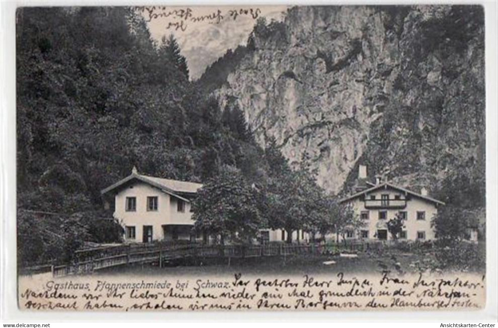 39047605 - Schwaz Mit Partie Am Gasthaus Pfannenschmiede Gelaufen Von 1907, Marke Entfernt. Leicht Abgerundete Ecke N,  - Altri & Non Classificati