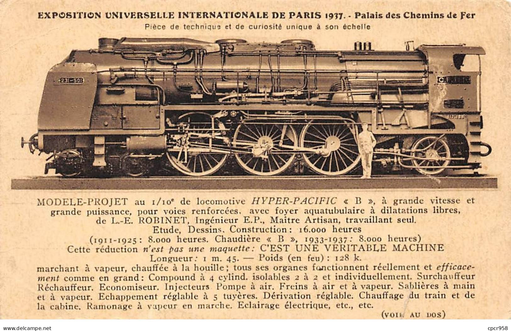 Chemins De Fer - N°85977 - Expo Uni. De Paris 1937 - Palais Des Chemins De Fer - Hyper-Pacific - Carte Vendue En L'état - Eisenbahnen