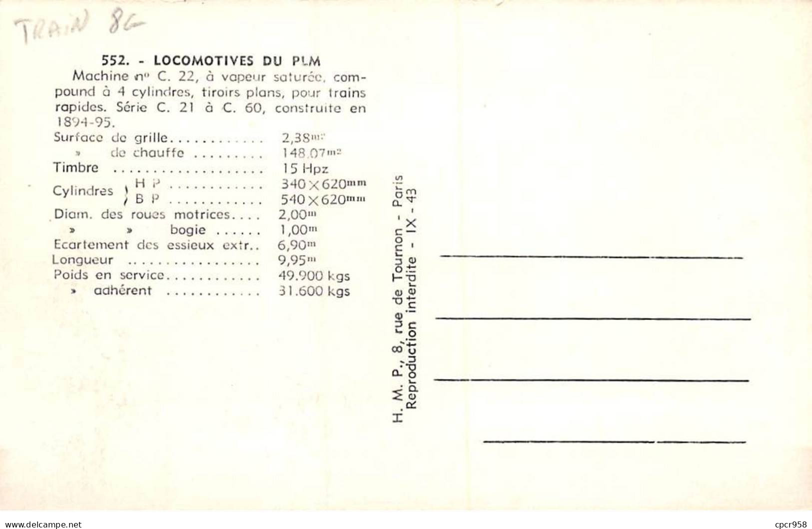 Chemins De Fer - N°85956 - Train - Locomotives Du PLM 552 - Machine N°C.22 ... - Treinen