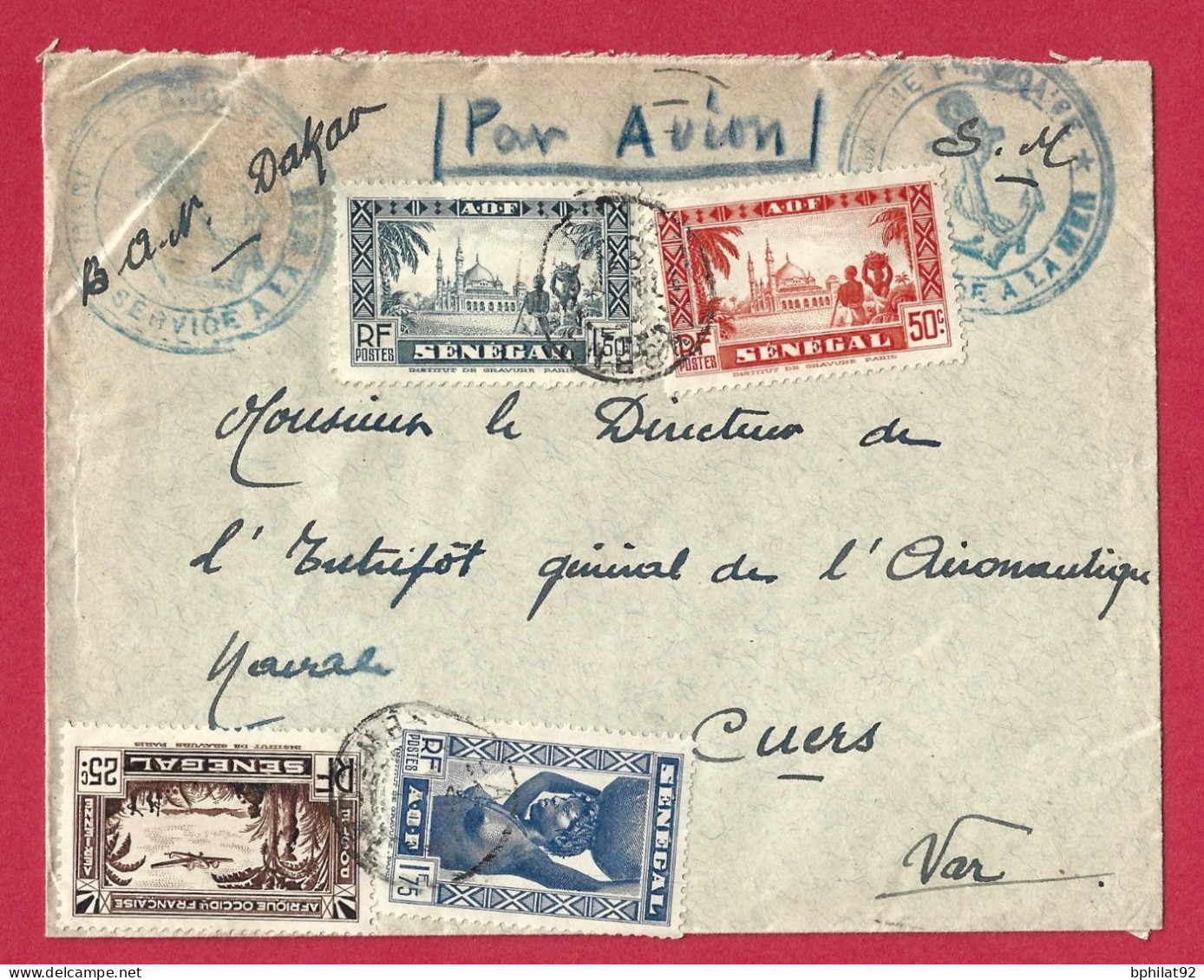 !!! AOF, LETTRE EN FRANCHISE PAR AVION DE LA BASE AÉRONAVALE DE DAKAR, SÉNÉGAL POUR LA FRANCE DE 1941 - Cartas & Documentos