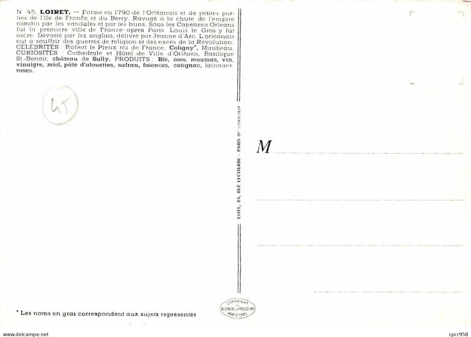 45 - SAN61582 - LOIRET - Carte Géographique Du Département - Estel - CPSM 10x15 Cm - Autres & Non Classés