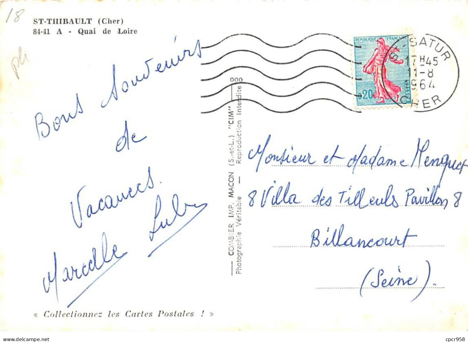 18 - SAN61480 - ST THIBAULT - Quai De Loire - Combier - CPSM 10x15 Cm - Pli - Other & Unclassified