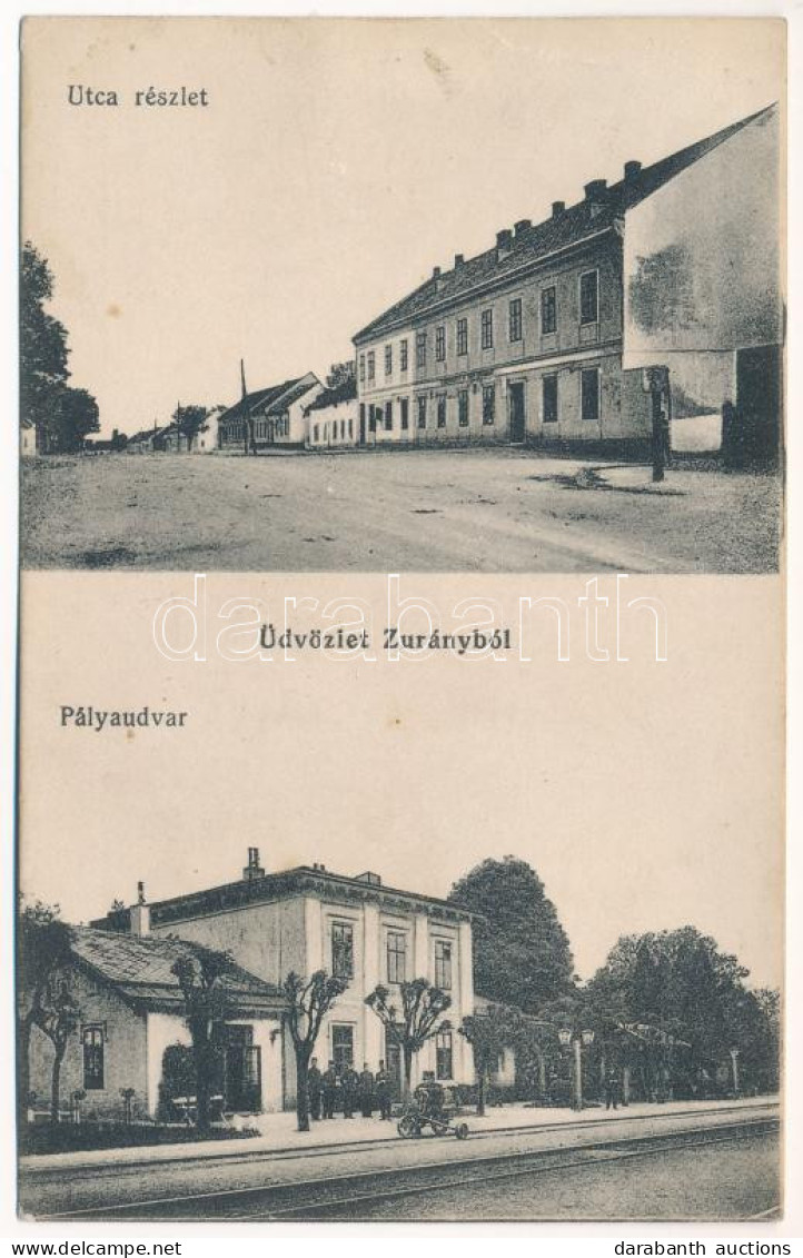 T2/T3 1921 Zurány, Zarándfalva, Zurndorf; Utca, Pályaudvar, Vasútállomás, Hajtány / Strasse, Bahnhof / Street, Railway S - Ohne Zuordnung