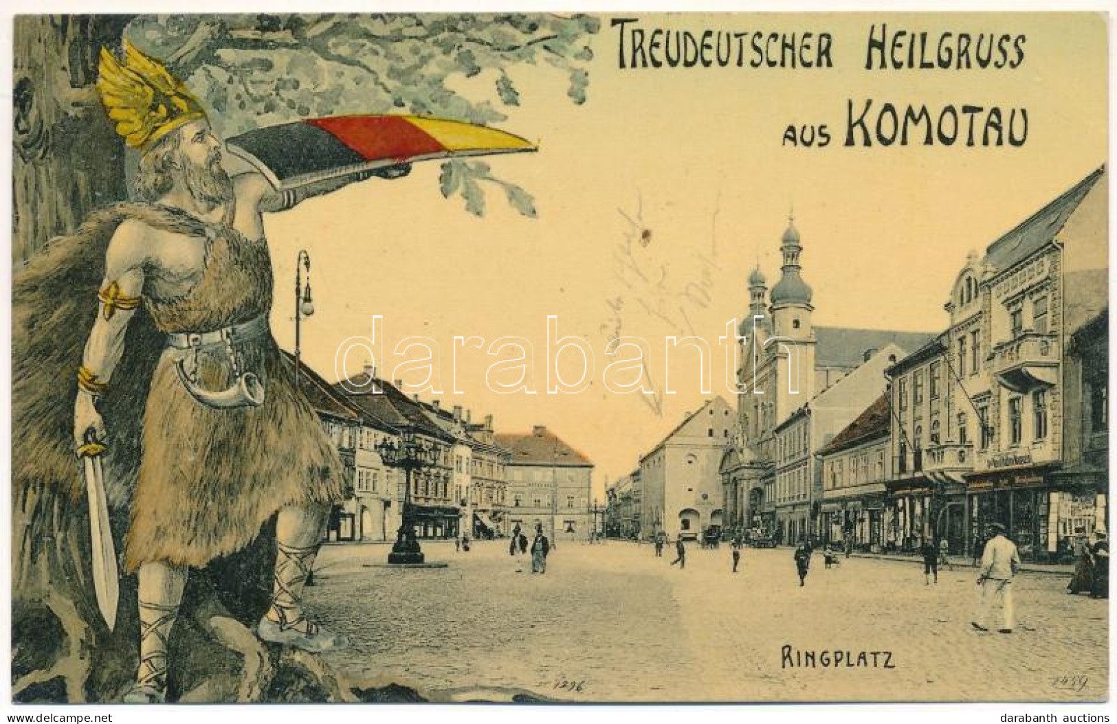 T2/T3 1910 Chomutov, Komotau; Treudeutscher Heilgruss! Ringplatz. R. Liesch / Square. German Patriotic Propaganda Montag - Unclassified