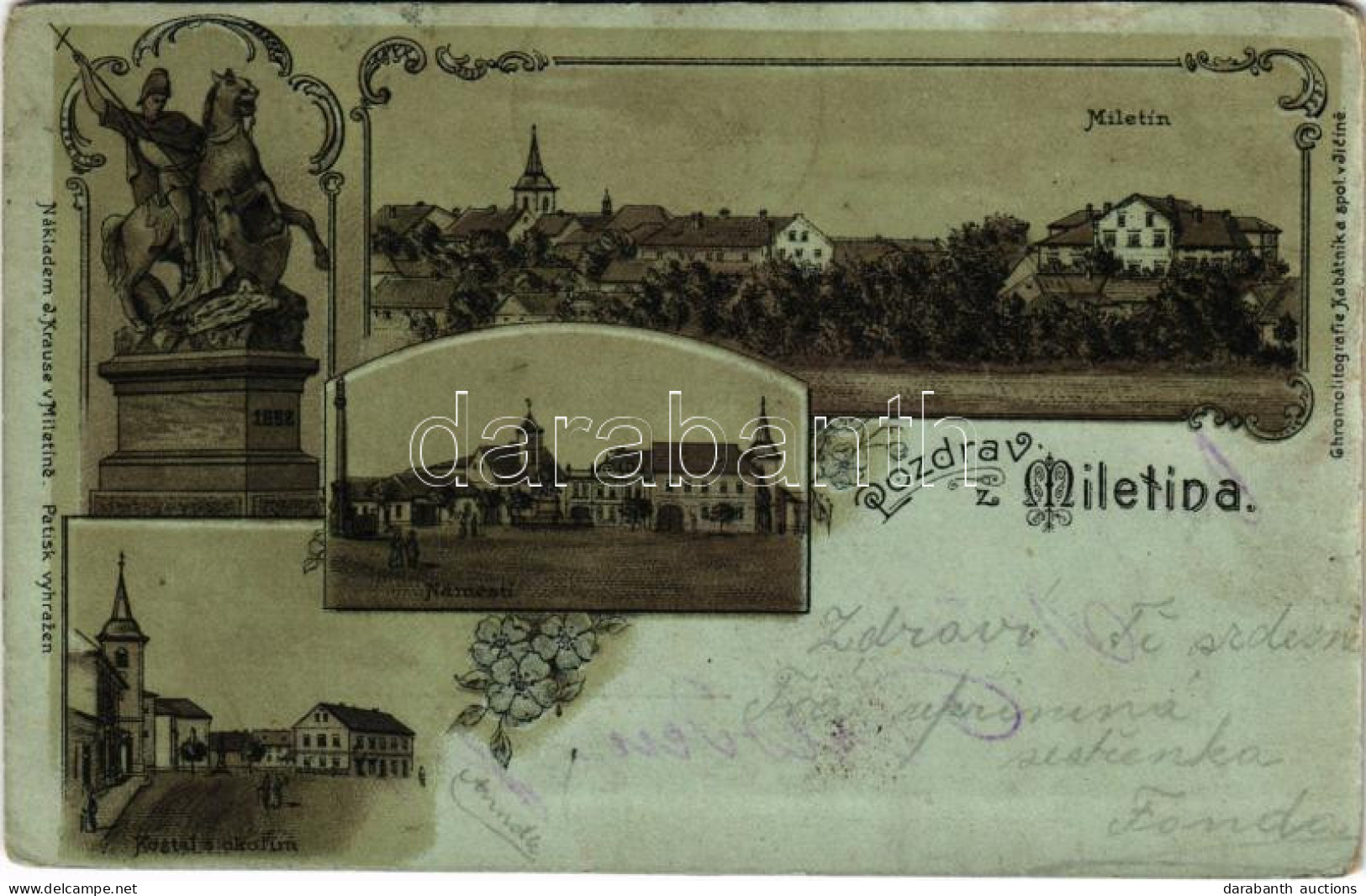 * T3 1902 Miletín, Kostel S Okolím, Námestí / Square, Monument, Church. J. Krause Art Nouveau, Floral Litho (wet Damage) - Unclassified