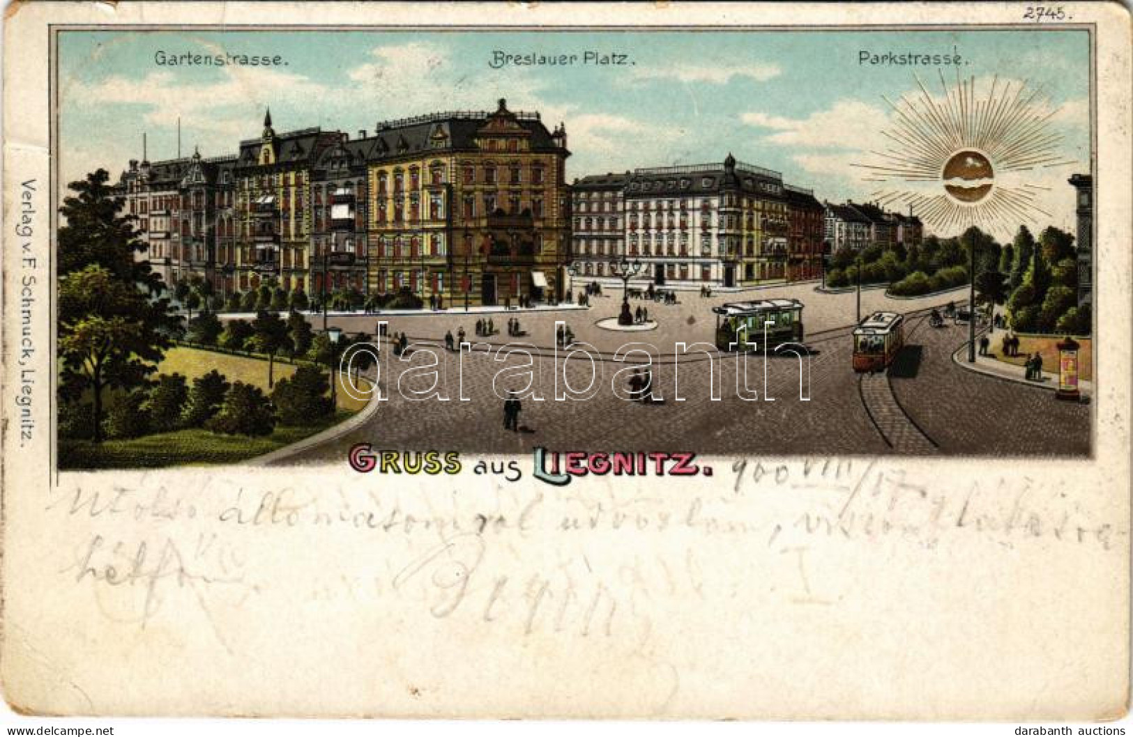 T3 1900 Legnica, Liegnitz; Gartenstrasse, Breslauer Platz, Parkstrasse / Square, Trams. Verlag F. Schmuck Litho (EK) - Ohne Zuordnung