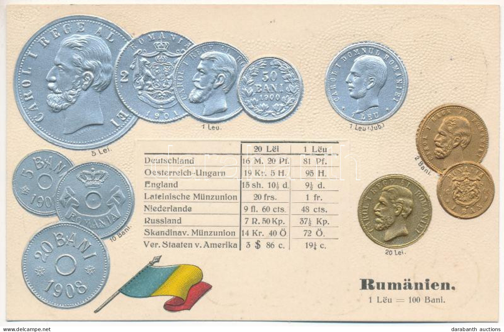 ** T1 Rumänien - Münzenkarte / Románia - érmék és Zászló. Dombornyomott / Romanian Coins And Flag. M.H. Berlin-Schbg. Em - Non Classés