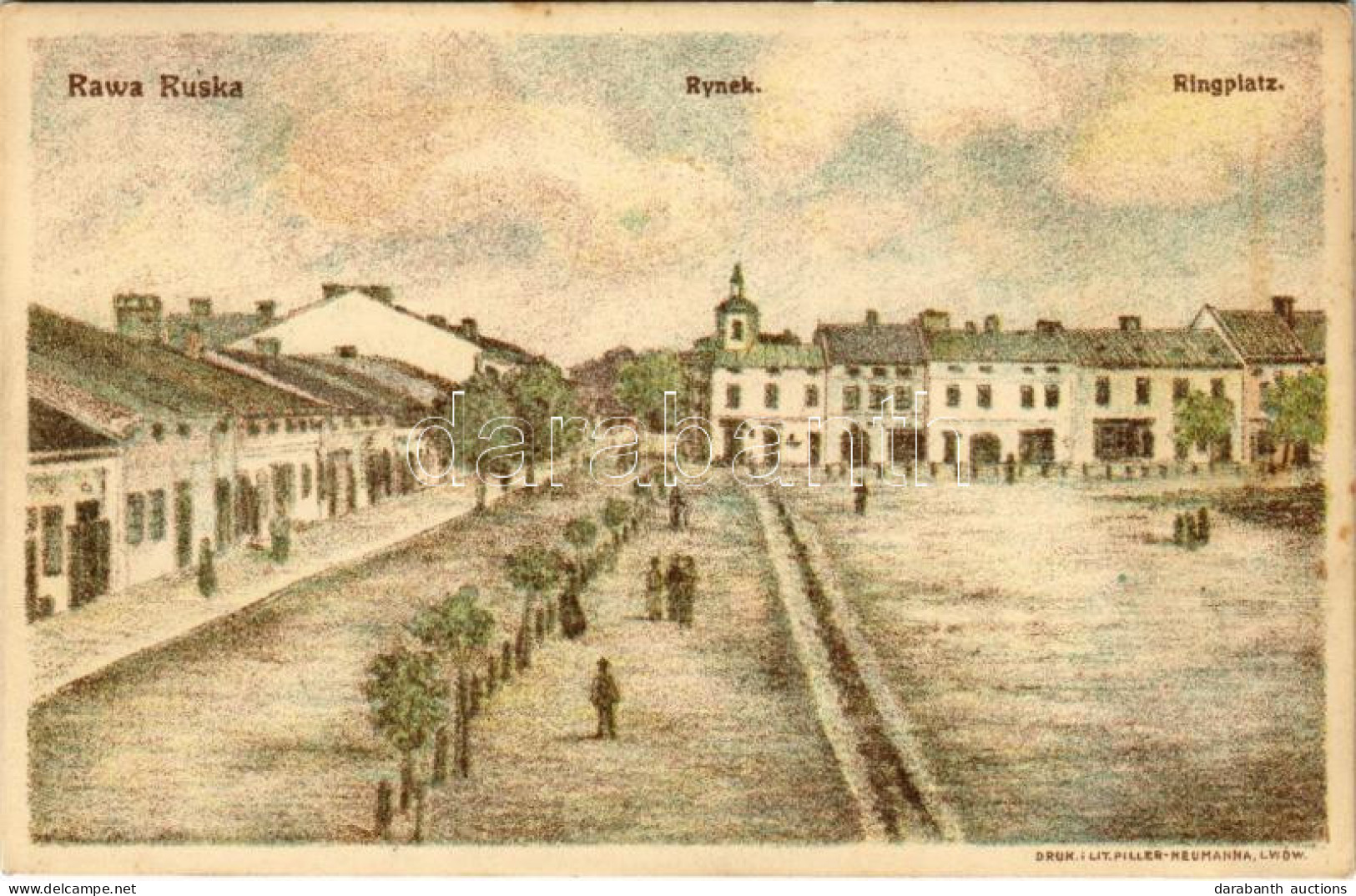 T2/T3 1917 Rava-Ruska, Rawa Ruska; Rynek / Ringplatz / Square. Druk. I. Lit. Piller-Neumann. Verlag V. Mechel Gold (fl) - Non Classés