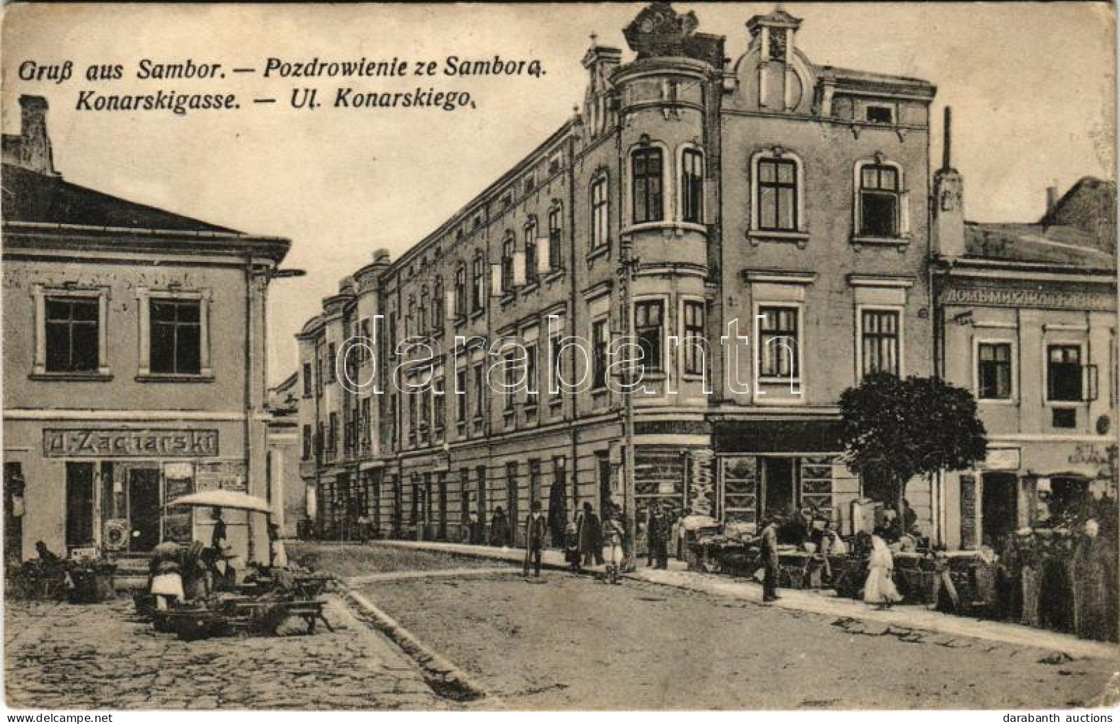 * T2/T3 Sambir, Szambir, Sambor; Konarskigasse / Ul. Konarskiego / Street View, Market, Shop Of Zaciarski (EK) - Ohne Zuordnung