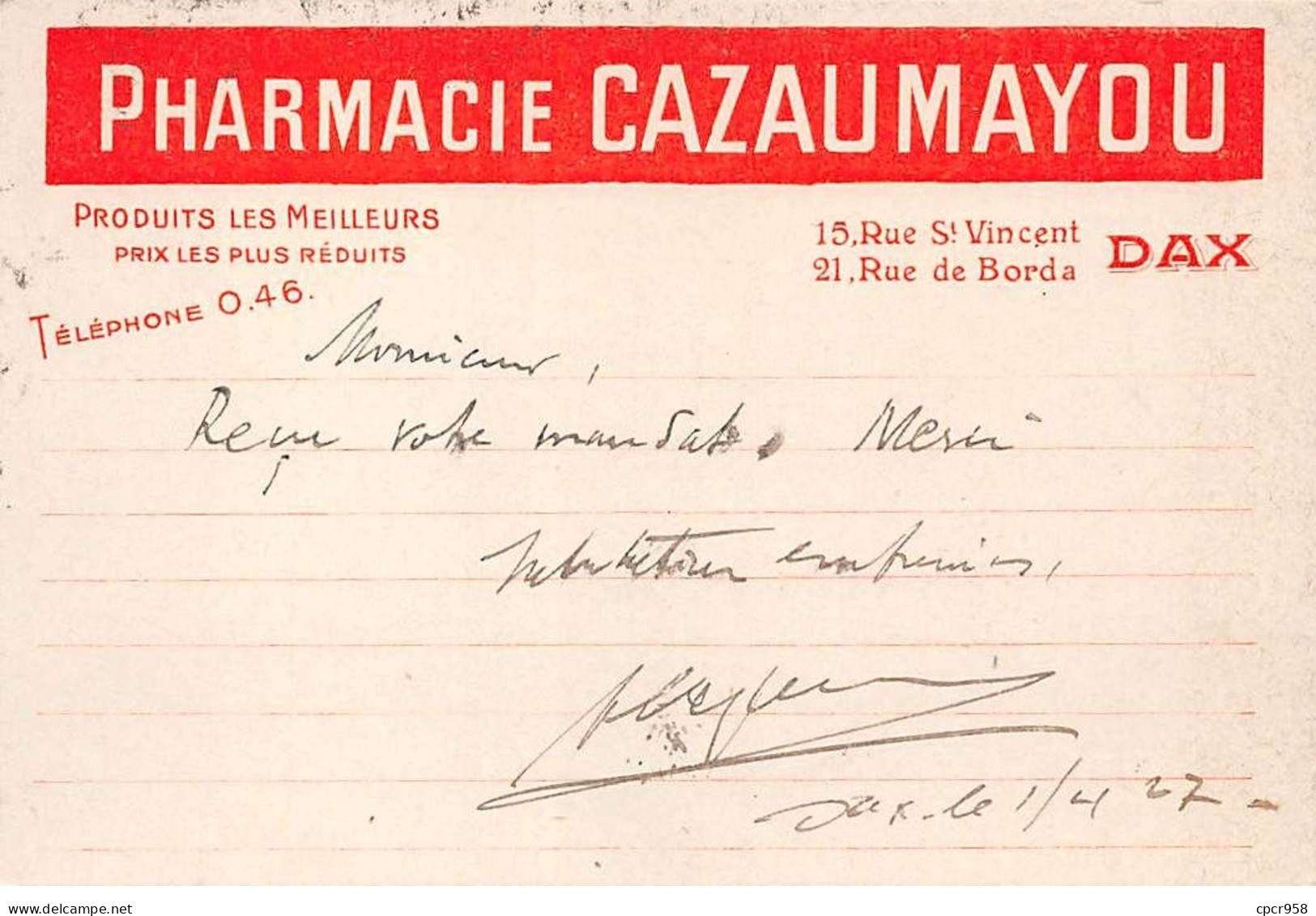 40 - N°87026 - DAX - Pharmacie Cazaumayou - Carte Publicitaire - Dax