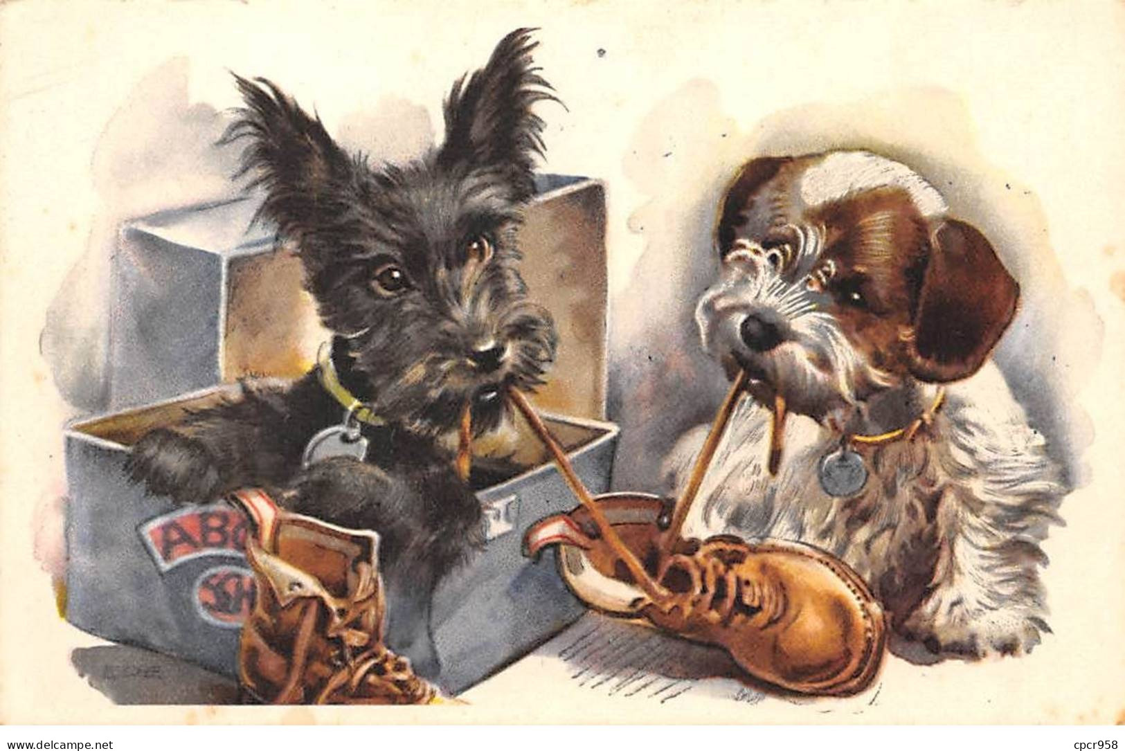 Animaux - N°86735 - Chiens - Deux Petits Chiens Jouant Avec Des Chaussures - Cani