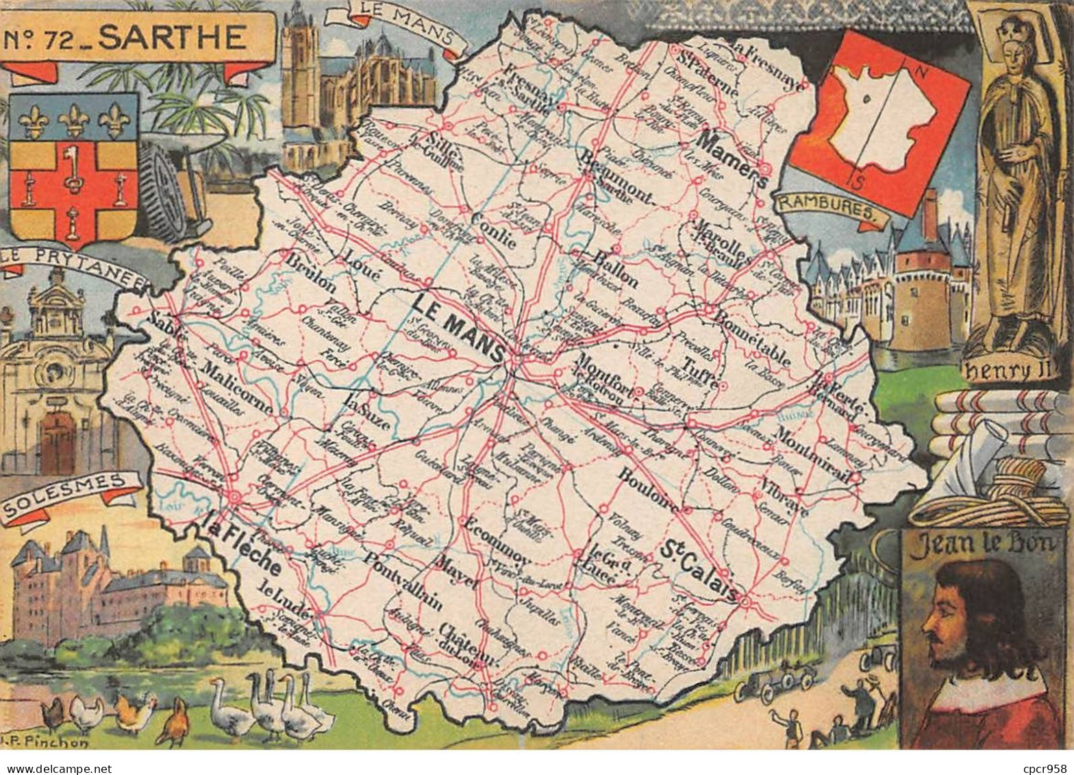 72 - SAN62069 - SARTHE - Carte Géographique Du Département - CPSM 10x15 Cm - Sonstige & Ohne Zuordnung