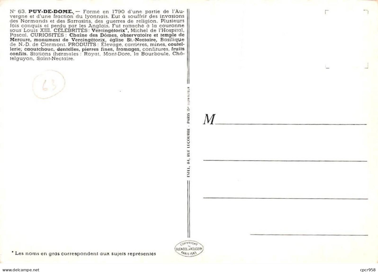 63 - SAN61980 - PUY DE DOME - Carte Géographique Du Département - CPSM 10x15 Cm - Autres & Non Classés