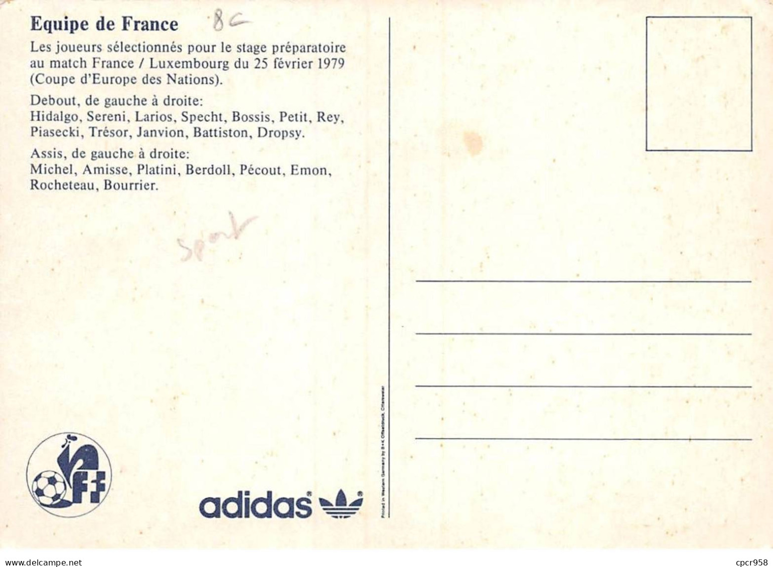 SPORTS - SAN62554 - FOOTBALL - L'Equipe De France - Adidas - CPSM 10x15 Cm - Soccer