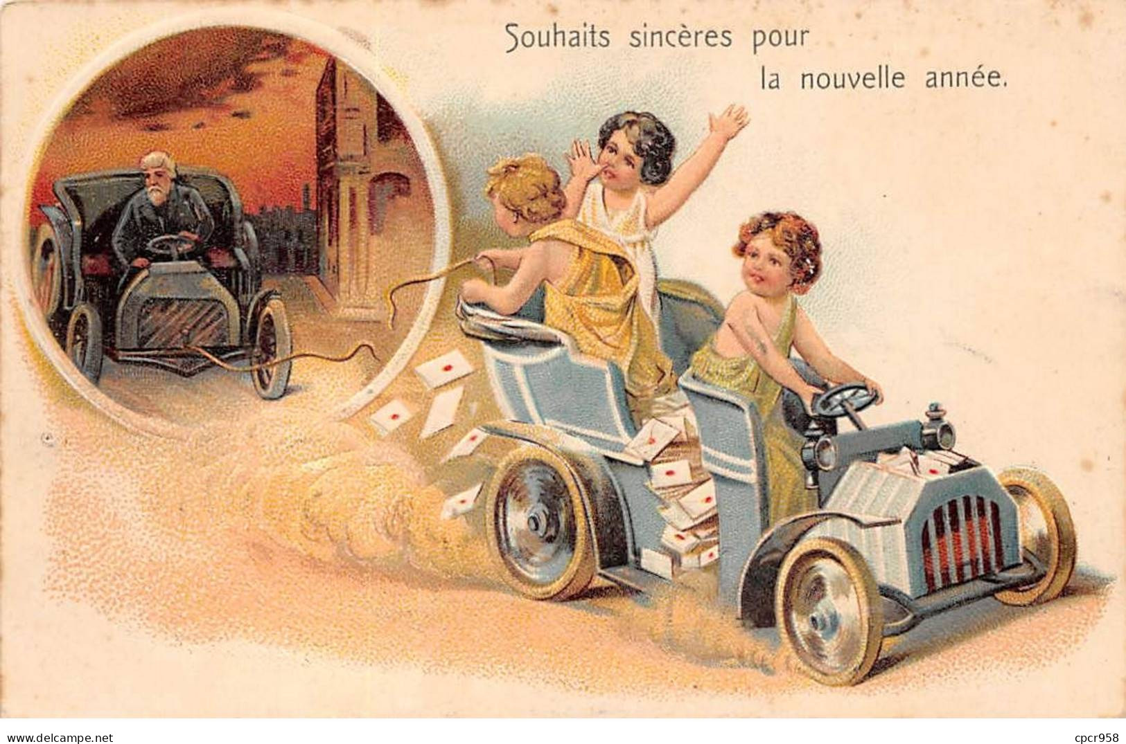 Nouvel An - N°86621 - Souhaits Sincères Pour La Nouvelle Année - Anges Dans Une Voiture ... - Carte Gaufrée - New Year