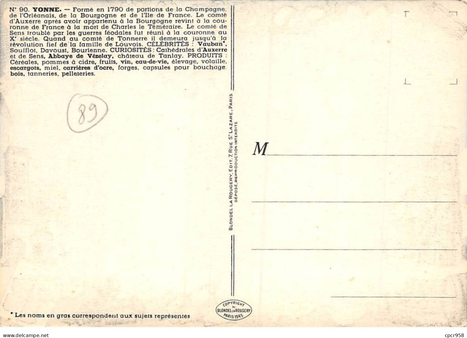 89 - SAN62355 - YONNE - Carte Géographique Du Département - CPSM 10x15 Cm - Otros & Sin Clasificación