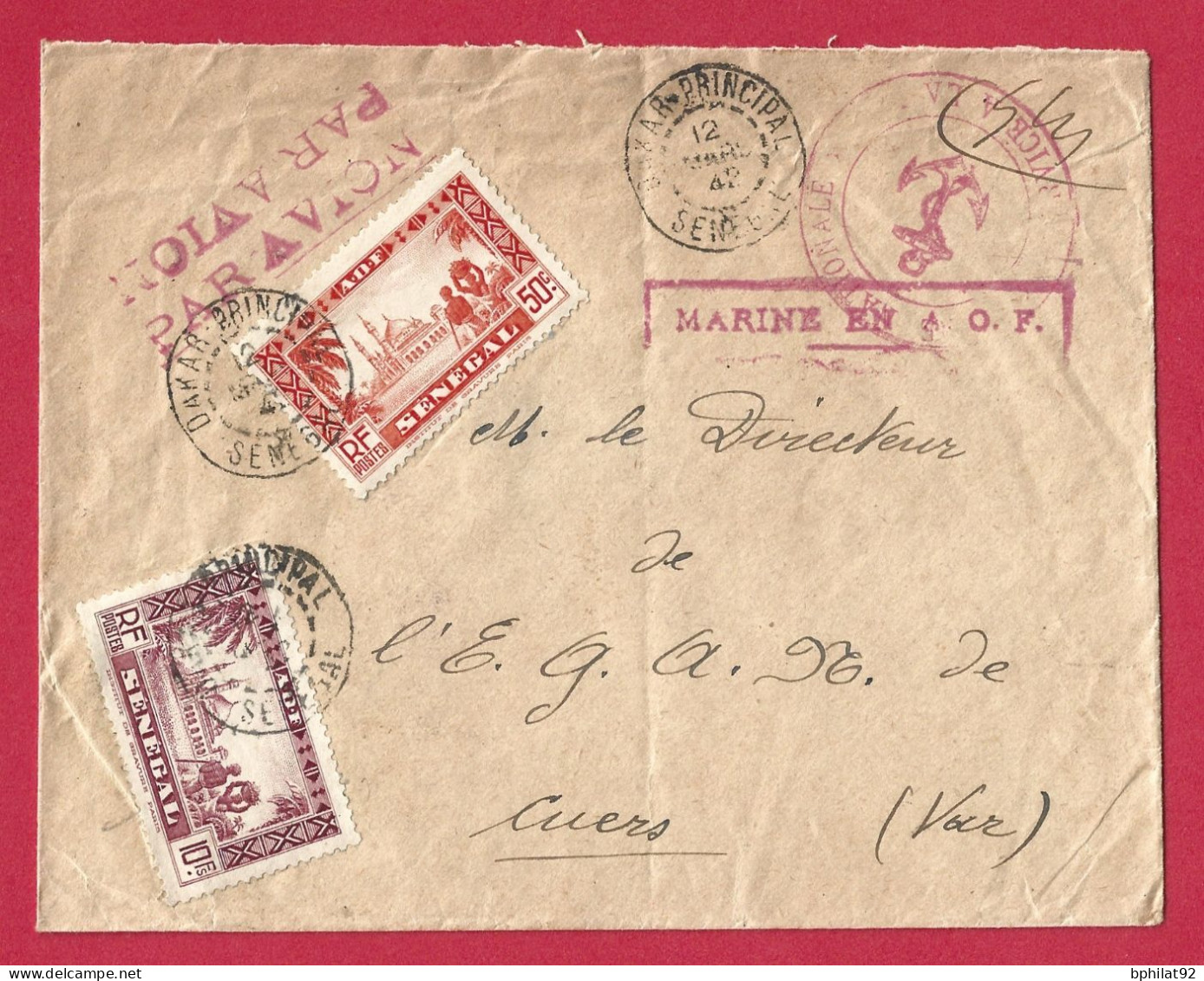 !!! AOF, LETTRE EN FRANCHISE PAR AVION DE DAKAR PRINCIPAL POUR LA FRANCE DE MARS 1942, CACHET MARINE NATIONALE EN AOF - Covers & Documents