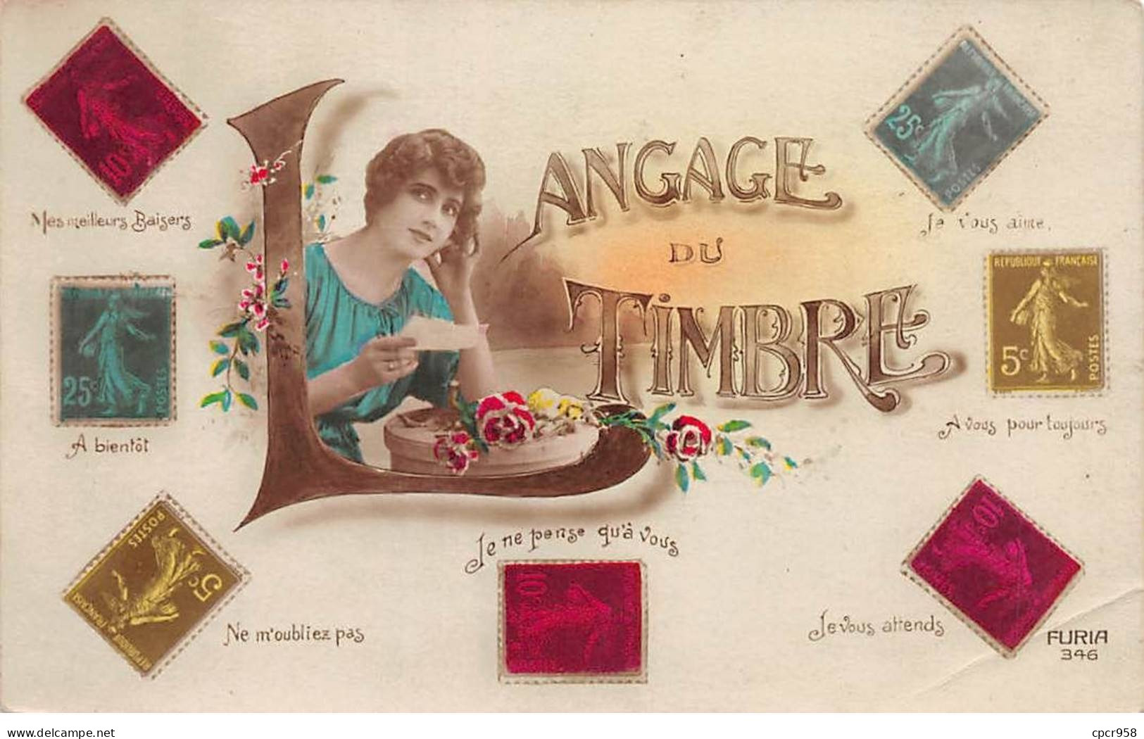 Représentations Timbres - N°87835 - Langage Du Timbre - Jeune Femme Lisant Une Lettre - Carte Pliée, Vendue En L'état - Briefmarken (Abbildungen)