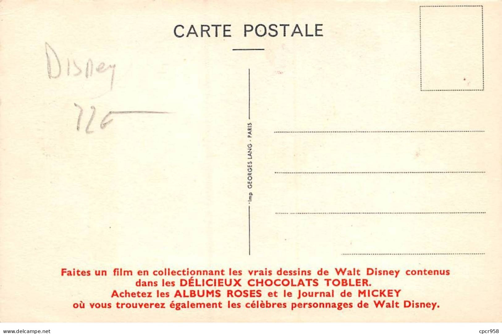 Disney - N°87827 - Tobler - Mickey - Walt Disney - Carte Publicitaire - Disneyland