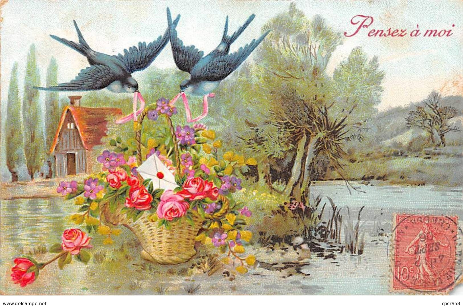 Fantaisie - N°87300 - Pensez à Moi - Hirondelles Apportant Un Panier Rempli De Fleurs - Carte Gaufrée - Andere & Zonder Classificatie