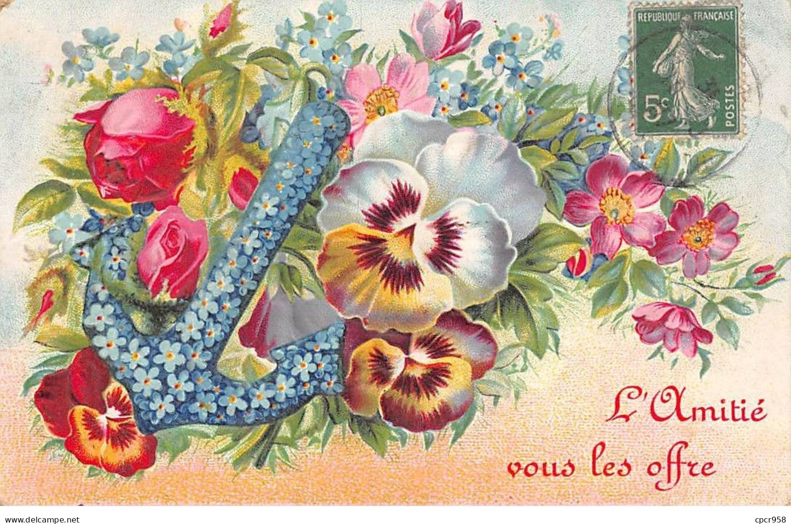 Fantaisie - N°87303 - L'amitié Vous Les Offre - Fleurs, Et Ancre En Myosotis - Carte Gaufrée - Other & Unclassified