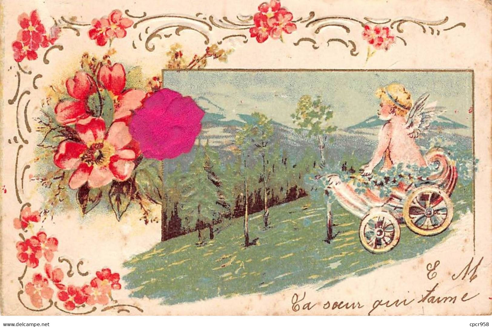Anges - N°87600 - Ange Dans Un Chariot En Haut D'une Colline, Fleurs - Carte Gaufrée - Angels