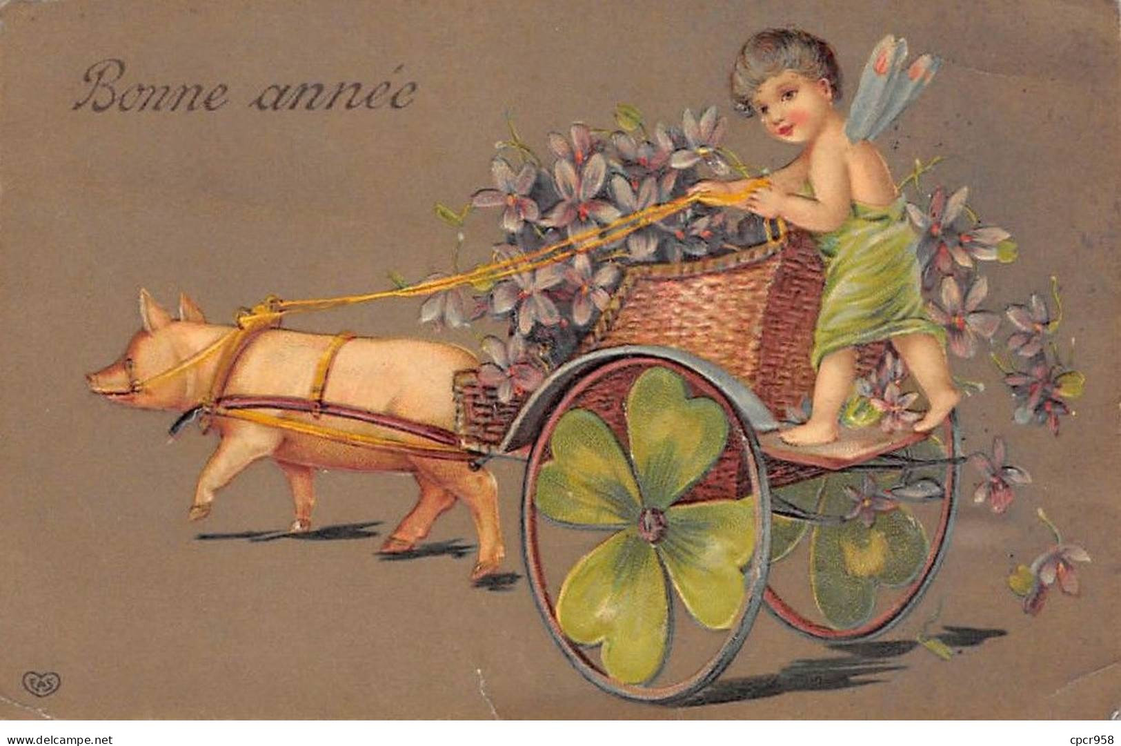 Nouvel An - N°87480 - Bonne Année - Ange ... Violettes, Tiré Par Un Cochon - Carte Gaufrée, Déchirée Vendue En L'état - Nouvel An